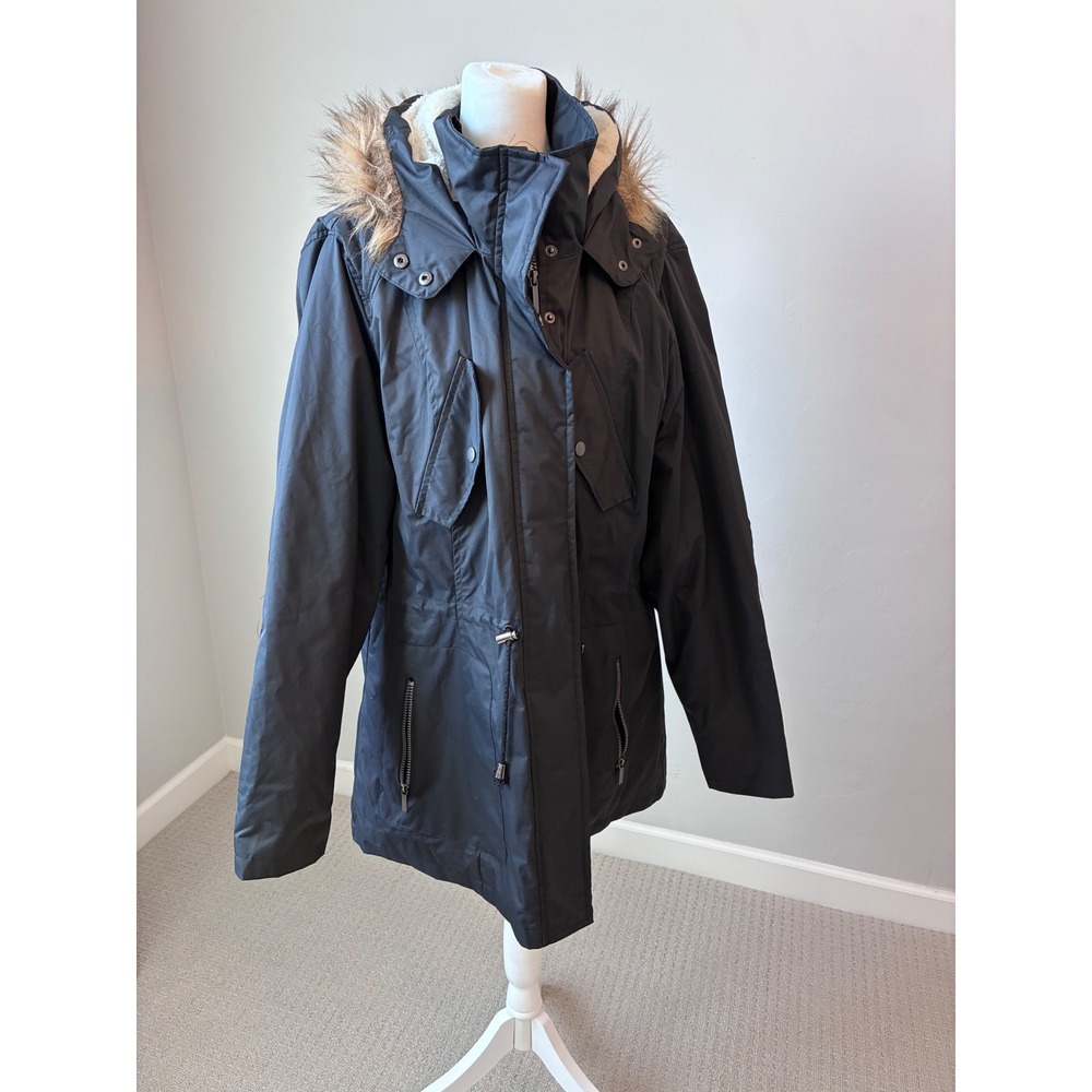 Womens Angel Kiss Los Angeles Black Faux Fur Hooded‎ Parka Coat 2X Winter